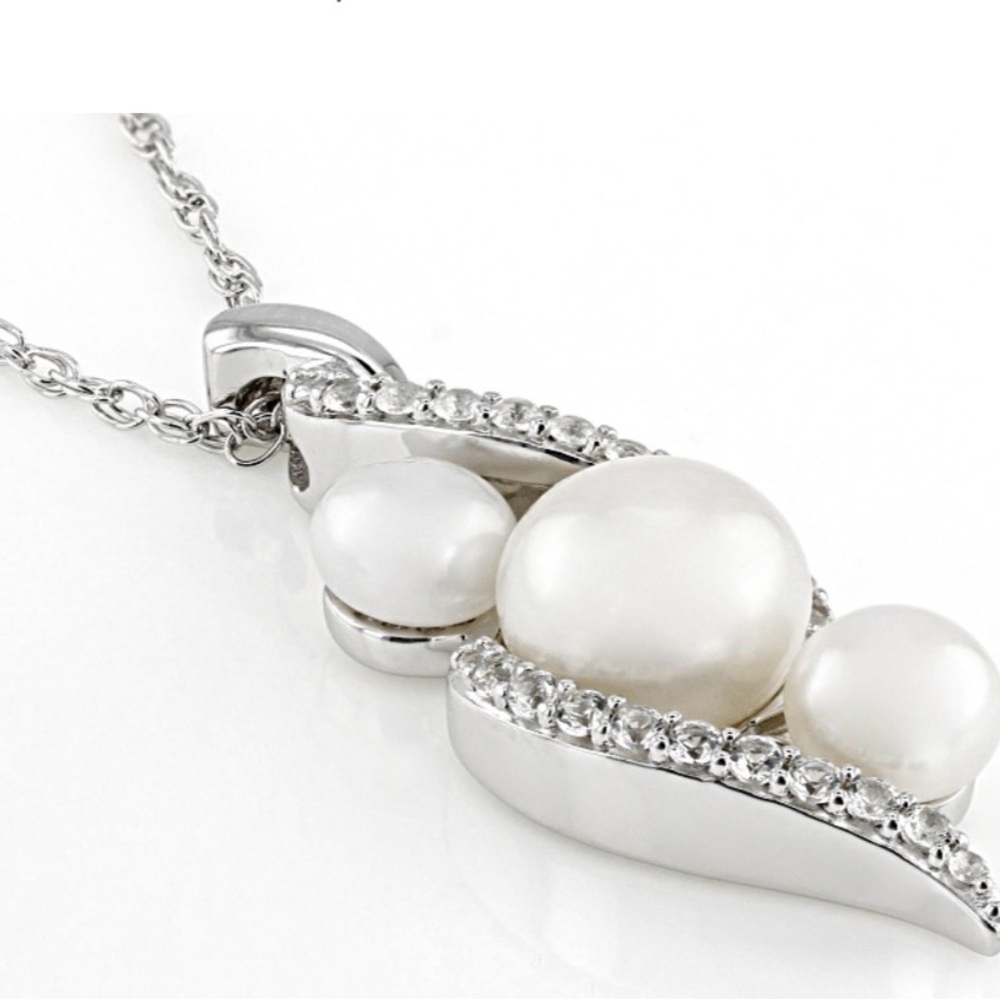 White Pearl | White Sapphire Sterling Silver Pendant & Rope Chainlink Necklace - Picture 16 of 16